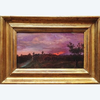 Tableau Paysage Au Soleil Couchant 19ème Huile Sur Toile