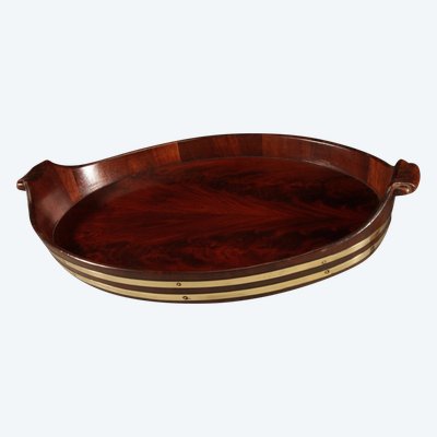  Plateau ovale original en acajou et laiton.
