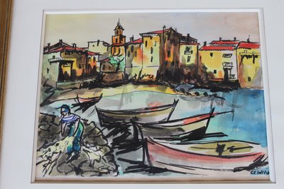 Port of Saint Tropez gouache View signed by Césario 20th century