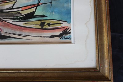 Port of Saint Tropez gouache View signed by Césario 20th century