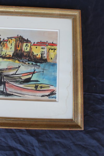 Port of Saint Tropez gouache View signed by Césario 20th century