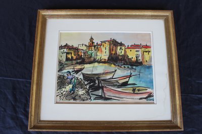 Port of Saint Tropez gouache View signed by Césario 20th century