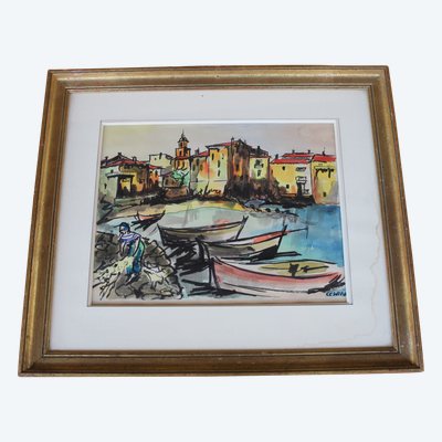 Port of Saint Tropez gouache View signed by Césario 20th century