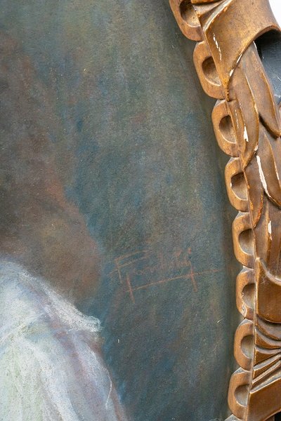 Pastel ancien avec cadre en bois sculpté représentant un portrait de famille. Rome, début du 20siècl