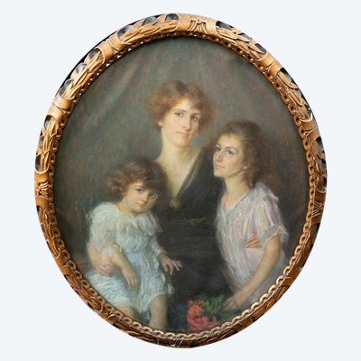 Pastel ancien avec cadre en bois sculpté représentant un portrait de famille. Rome, début du 20siècl