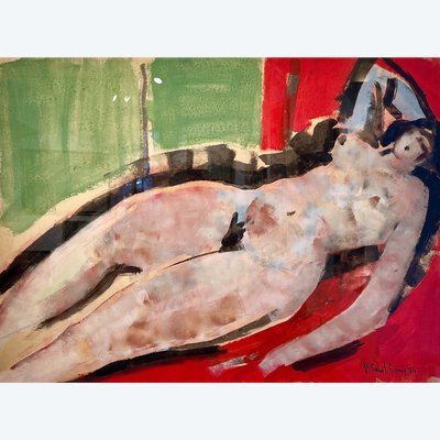 Nudo sdraiato su lenzuola rosse.