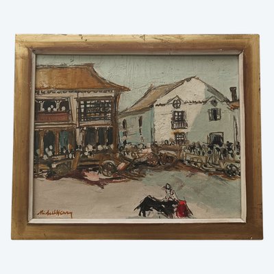 Michel Henry (1928-2016) Tableau huile sur toile "Toros a Pedraza"