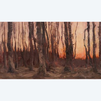 Joseph François 1851-1940 Arbres au coucher de soleil, paysage, tableau, impressionnisme