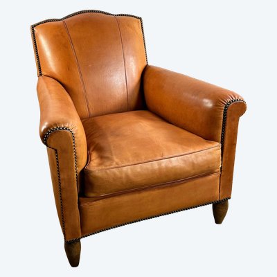 Fauteuil club cuir coloris cognac vintage 1950
