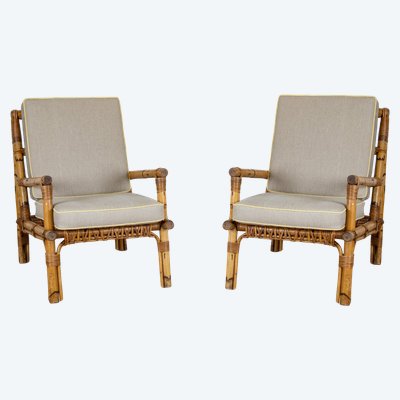 Poltrone in rattan e lino, Italz, 1970, set di 2