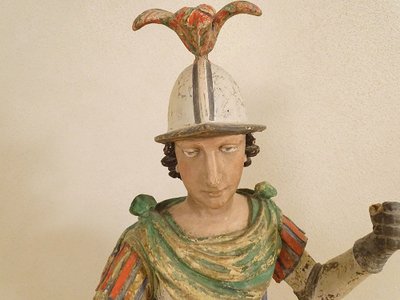 Grande Statue Religieuse Saint Florian Soldat Bois Sculpté Polychrome XVIIè