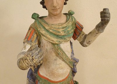 Grande Statue Religieuse Saint Florian Soldat Bois Sculpté Polychrome XVIIè