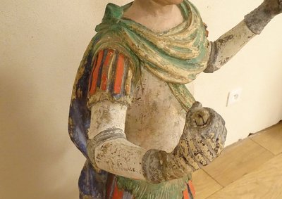 Grande Statue Religieuse Saint Florian Soldat Bois Sculpté Polychrome XVIIè