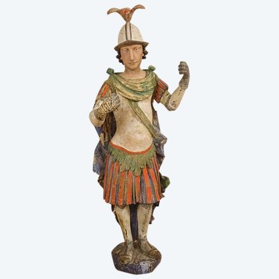 Grande Statue Religieuse Saint Florian Soldat Bois Sculpté Polychrome XVIIè