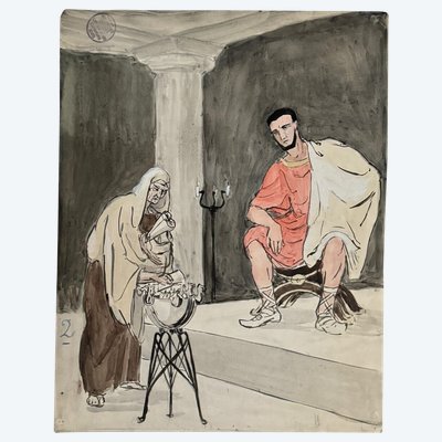 Dessin en couleur par Berger-Lheureux Beaux-Arts XXe scène à l'Antique