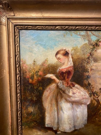 Huile /Toile encadrée d'époque Louis Philippe : "Jeune fille debout lisant dans un parc" vers 1840