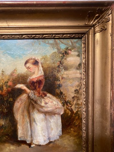 Huile /Toile encadrée d'époque Louis Philippe : "Jeune fille debout lisant dans un parc" vers 1840