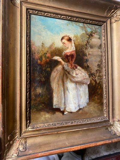 Huile /Toile encadrée d'époque Louis Philippe : "Jeune fille debout lisant dans un parc" vers 1840