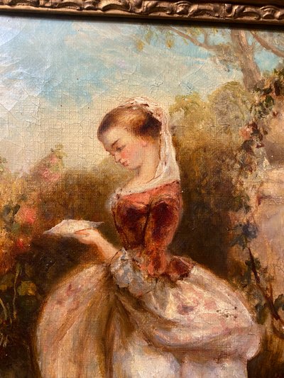 Huile /Toile encadrée d'époque Louis Philippe : "Jeune fille debout lisant dans un parc" vers 1840