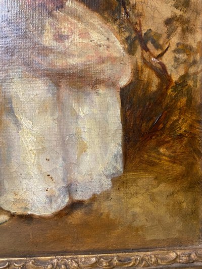 Huile /Toile encadrée d'époque Louis Philippe : "Jeune fille debout lisant dans un parc" vers 1840