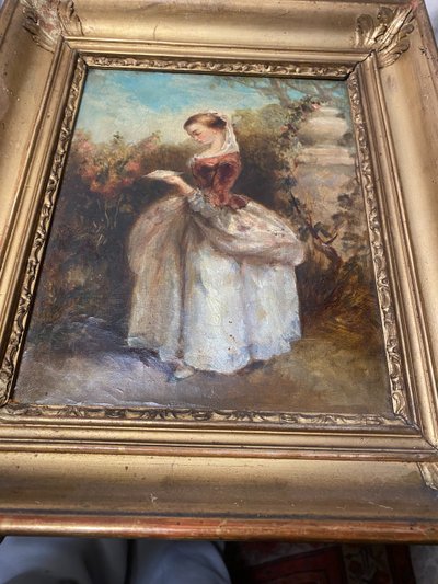 Huile /Toile encadrée d'époque Louis Philippe : "Jeune fille debout lisant dans un parc" vers 1840