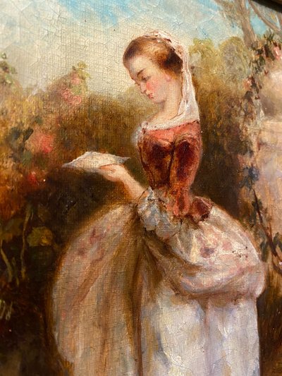 Huile /Toile encadrée d'époque Louis Philippe : "Jeune fille debout lisant dans un parc" vers 1840