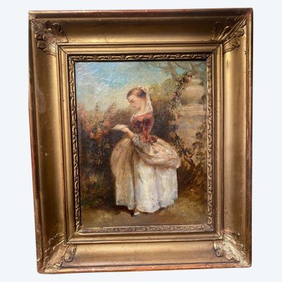Huile /Toile encadrée d'époque Louis Philippe : "Jeune fille debout lisant dans un parc" vers 1840
