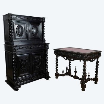 Cabinet de Travail et Table Bureau, Style Louis XIII – Fin XIXe 