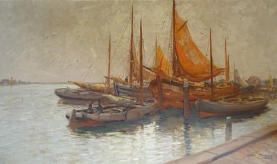 Großes Gemälde von Kees TERLOUW 1890-1942- Holländische Schule Seelandschaft Boote