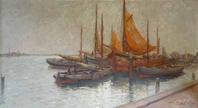 Großes Gemälde von Kees TERLOUW 1890-1942- Holländische Schule Seelandschaft Boote
