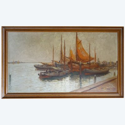 Großes Gemälde von Kees TERLOUW 1890-1942- Holländische Schule Seelandschaft Boote