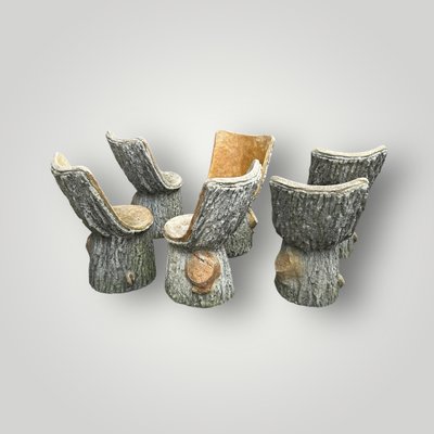 Suite De Six Chaises De Jardin En Ciment Imitant Le Bois Naturel Tronc D'arbre Circa 1950