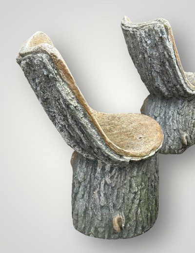 Suite De Six Chaises De Jardin En Ciment Imitant Le Bois Naturel Tronc D'arbre Circa 1950