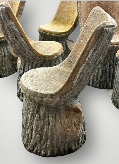 Suite De Six Chaises De Jardin En Ciment Imitant Le Bois Naturel Tronc D'arbre Circa 1950