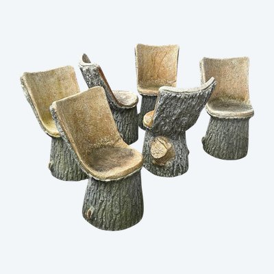 Suite De Six Chaises De Jardin En Ciment Imitant Le Bois Naturel Tronc D'arbre Circa 1950