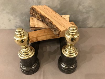 Pair of antique cast iron and brass andirons from the 19th century
