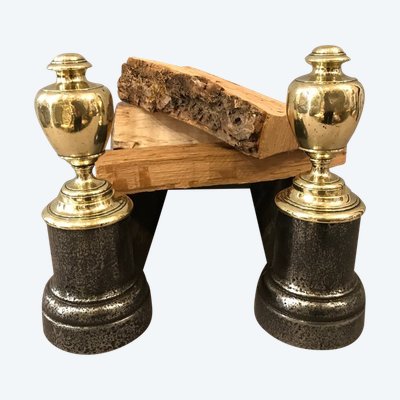 Pair of antique cast iron and brass andirons from the 19th century