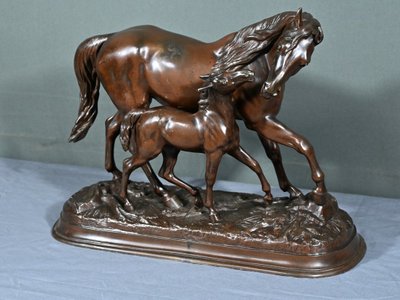 Cavallo e puledro in Spelter, firmato E.Loiseau – Inizio XX secolo