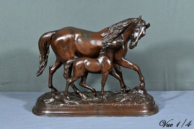 Cavallo e puledro in Spelter, firmato E.Loiseau – Inizio XX secolo