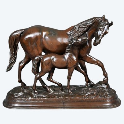 Cavallo e puledro in Spelter, firmato E.Loiseau – Inizio XX secolo