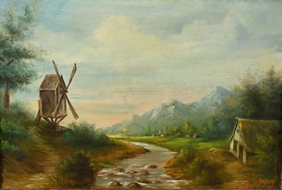 Olio su tela “Il mulino” di N. Okolowicz – Inizio XX secolo