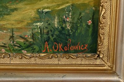 Oil on Canvas “Pastures” by N. Okolowicz – Early 20th Century