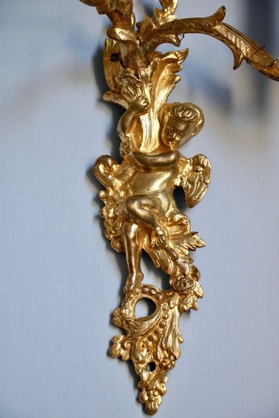 Pair Of Gilded And Chased Bronze Sconces With Two Light Arms