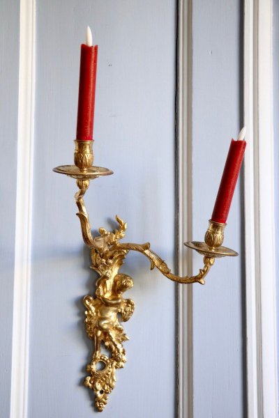 Pair Of Gilded And Chased Bronze Sconces With Two Light Arms