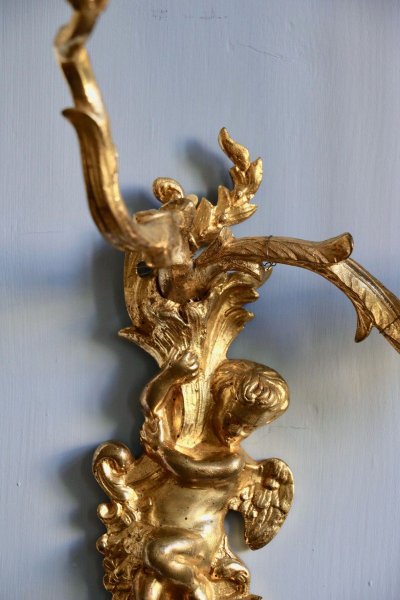 Pair Of Gilded And Chased Bronze Sconces With Two Light Arms