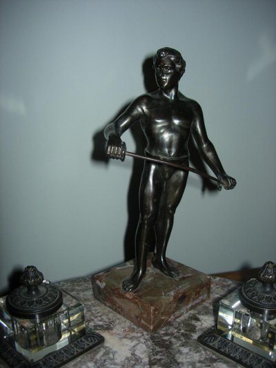 Bronze and marble character inkwell