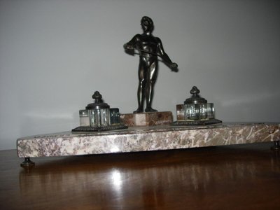 Bronze and marble character inkwell