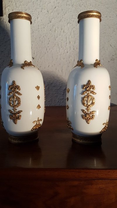 Pair of Louis XVI Style Porcelain Vases with Brass Decor