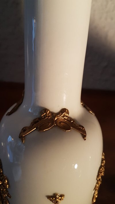 Pair of Louis XVI Style Porcelain Vases with Brass Decor