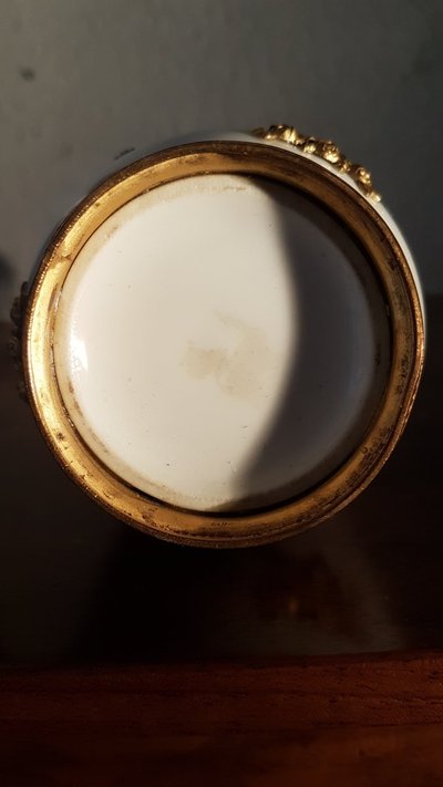 Pair of Louis XVI Style Porcelain Vases with Brass Decor
